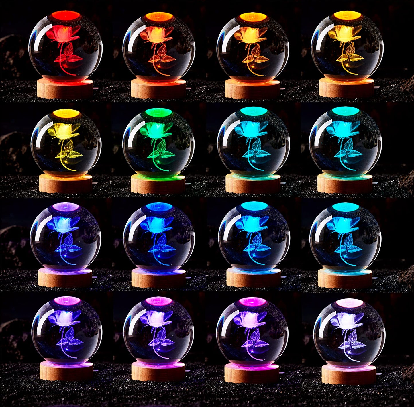 3D Rose Crystal Ball Lamp,3.15 inch Crystal Ball Night Light with Wooden Base,16 Colors Changing Light,Dimmable Remote Control,Rose Flower Desk lamp (G)