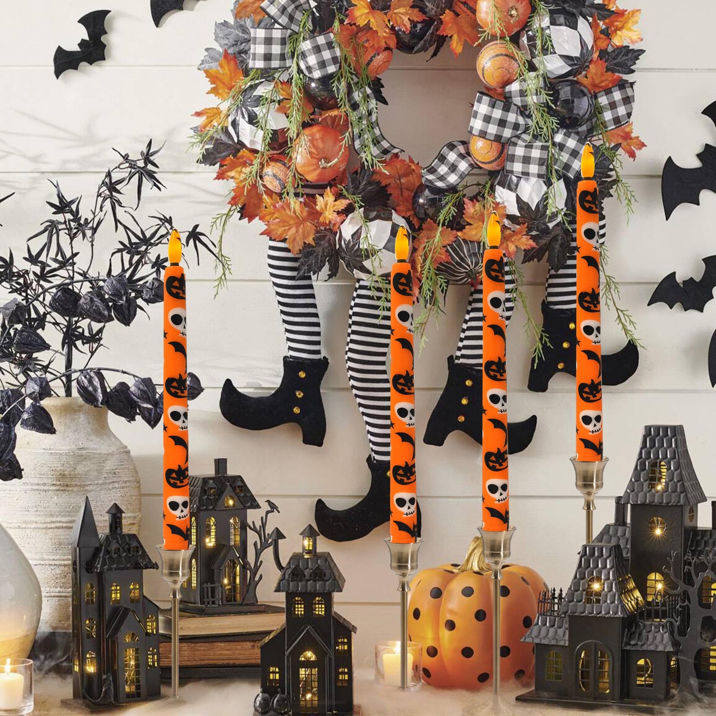FCMSHAMD 6PCS Halloween Orange Flameless Taper Candles, 11 Inch LED Candlesticks Battery Operated with 11-Key Remote and Timer, 3D Flickering Flame Lights for Wedding Party Home Decor Gifts