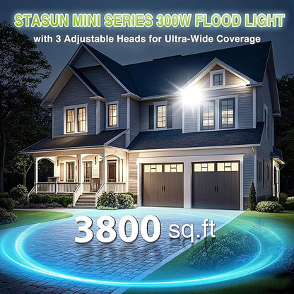 STASUN 300W LED Flood Light, Mini Series Outdoor Floodlight, 30000LM 6000K Daylight White, IP66 Waterproof, 3 Adjustable Heads, Exterior Flood Lights for Backyard, Driveway, Garage, Patio, Barn