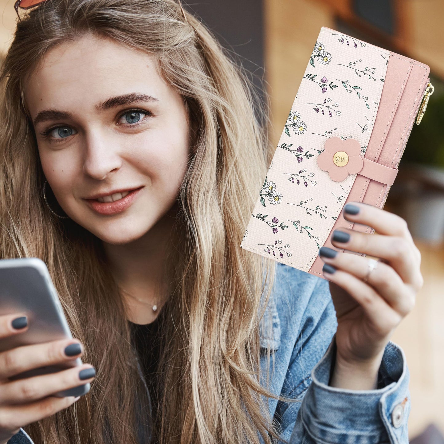 Farcauo Long Floral Womens Wallet Cute Wallets for Women Pink Women's Wallet Kawaii Flower Card Wallets for Women Ladies