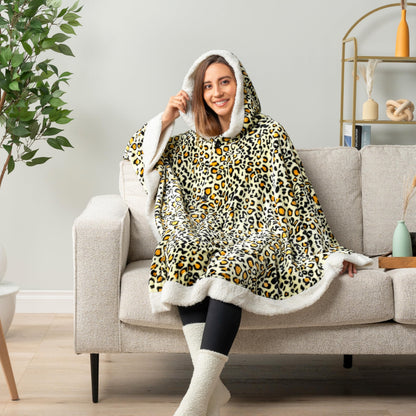 PAVILIA Hooded Blanket Poncho, Women Sherpa Fleece Shawl Wrap with Hood, Wearable Blanket Cozy Warm Poncho Cape Throw with Pockets, Gift for Elderly Mom, Cheetah Yellow