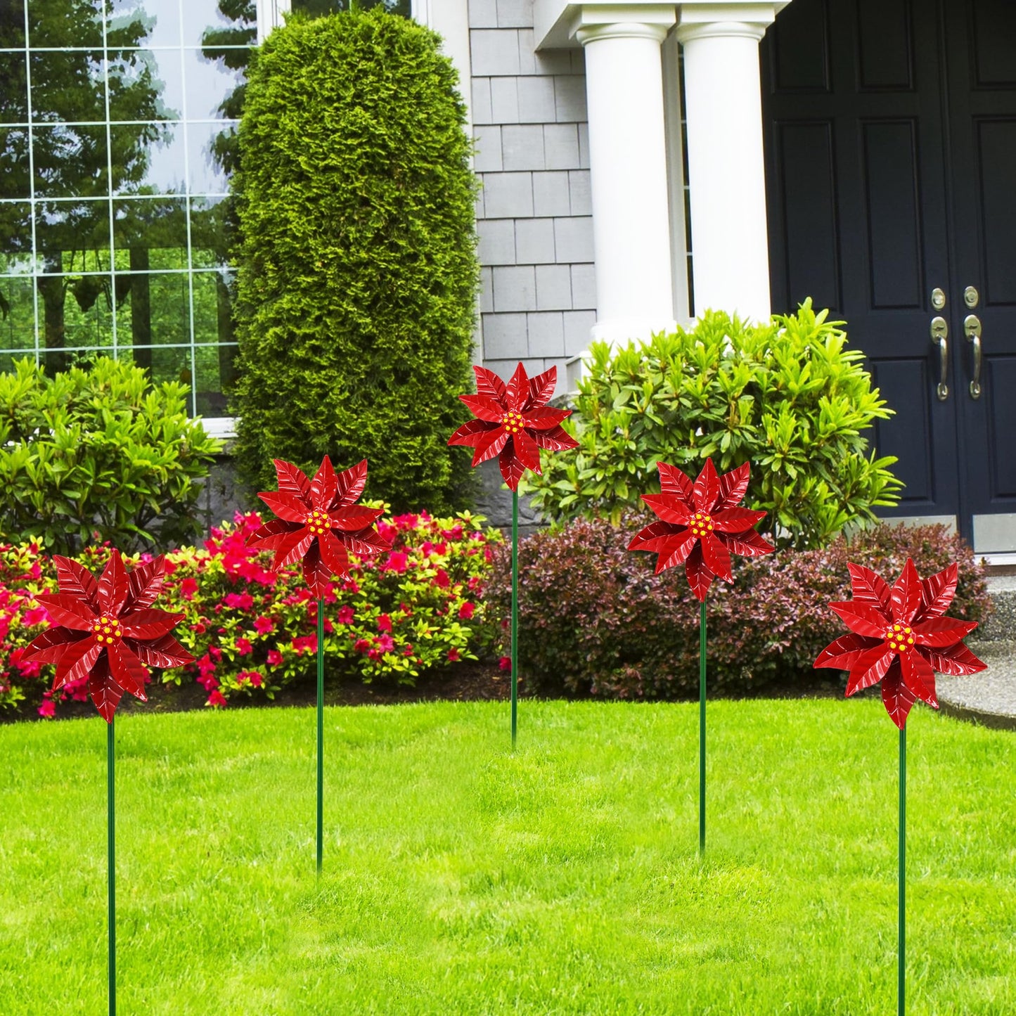 Metal Flower Wind Spinner Garden Lawn Stakes Yard Art, 27 Inch Poinsettia Windmill Iron Handicraft Lawn Decorations, 5 Pieces Christmas Star Stake, Metal Yard Art Outdoor Mother's Day Decoration Gift