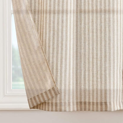 jinchan Tab Top Linen Kitchen Curtains 36 Inch Striped Tier Curtains Ticking Stripe Small Drapes for Living Room Bathroom Cafe Small Window Farmhouse Rustic Pinstripe Rod Pocket 2 Panels Tan
