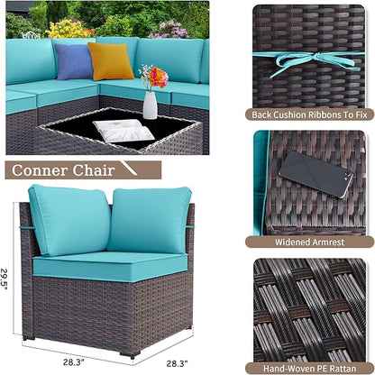 Kurapika 6 Pieces Patio Furniture Set, Rattan Wicker Outdoor Conversation Sets w/4 Inch Cushion and Glass Coffee Table(Blue)