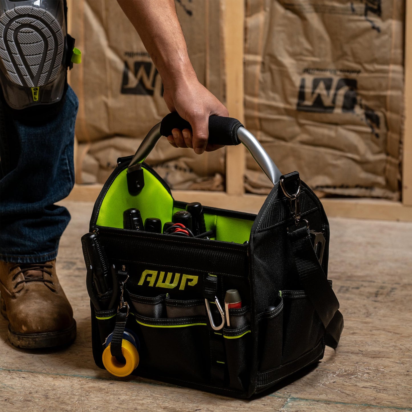 AWP 12 Inch Pro Tool Tote with Rotating Handle for Easy Tool Access, Water-Resistant Construction, Black