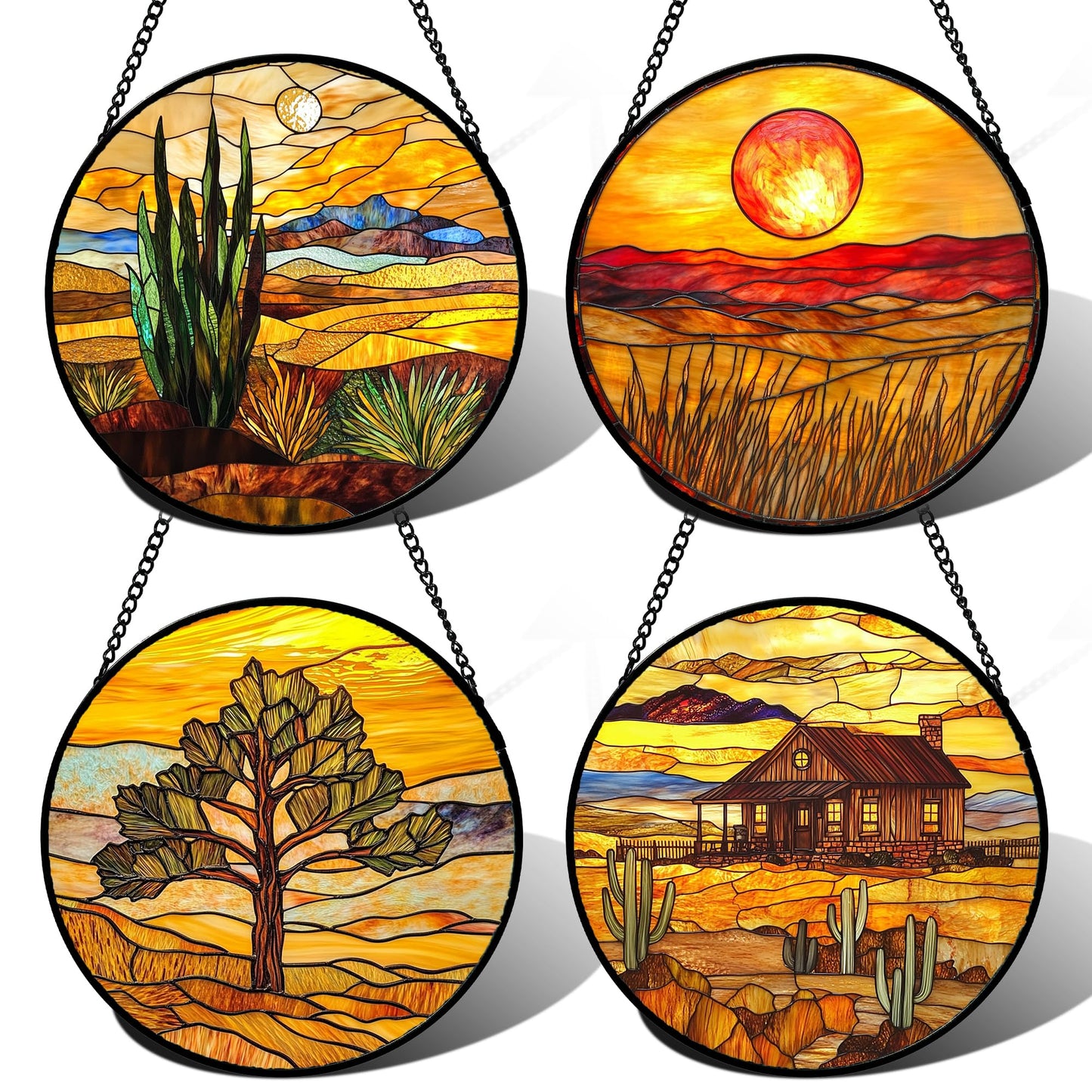 DASTOLL Stained Glass Window Hanging 4 Pcs Set Desert Sunset Theme Landscape 6.3" - Suncatcher Door Garden Sun Catcher Decor Birthday Christmas for Mom Woman Nana Men