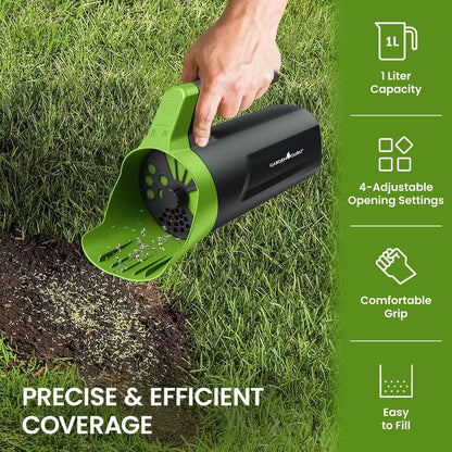 Garden Guru Handheld Seed Spreader Shaker – Multi Use Grass Seed, Fertilizer, Salt, Ice & Snow Melt Spreader – Adjustable Twist Cap w Multiple Size Openings – Lightweight 1L Capacity Hand Seeder