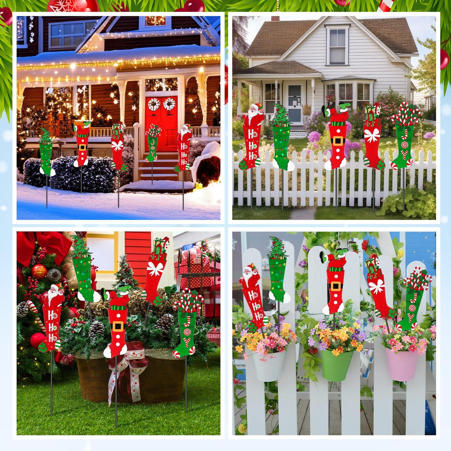 Roowest 5 Pack 12'' H Metal Christmas Yard Stakes Outdoor Decorations Red and Green Christmas Stocking Elf Santa Signs Winter Potted Plant Stakes for Holiday Lawn Garden Home Porch Party Decor