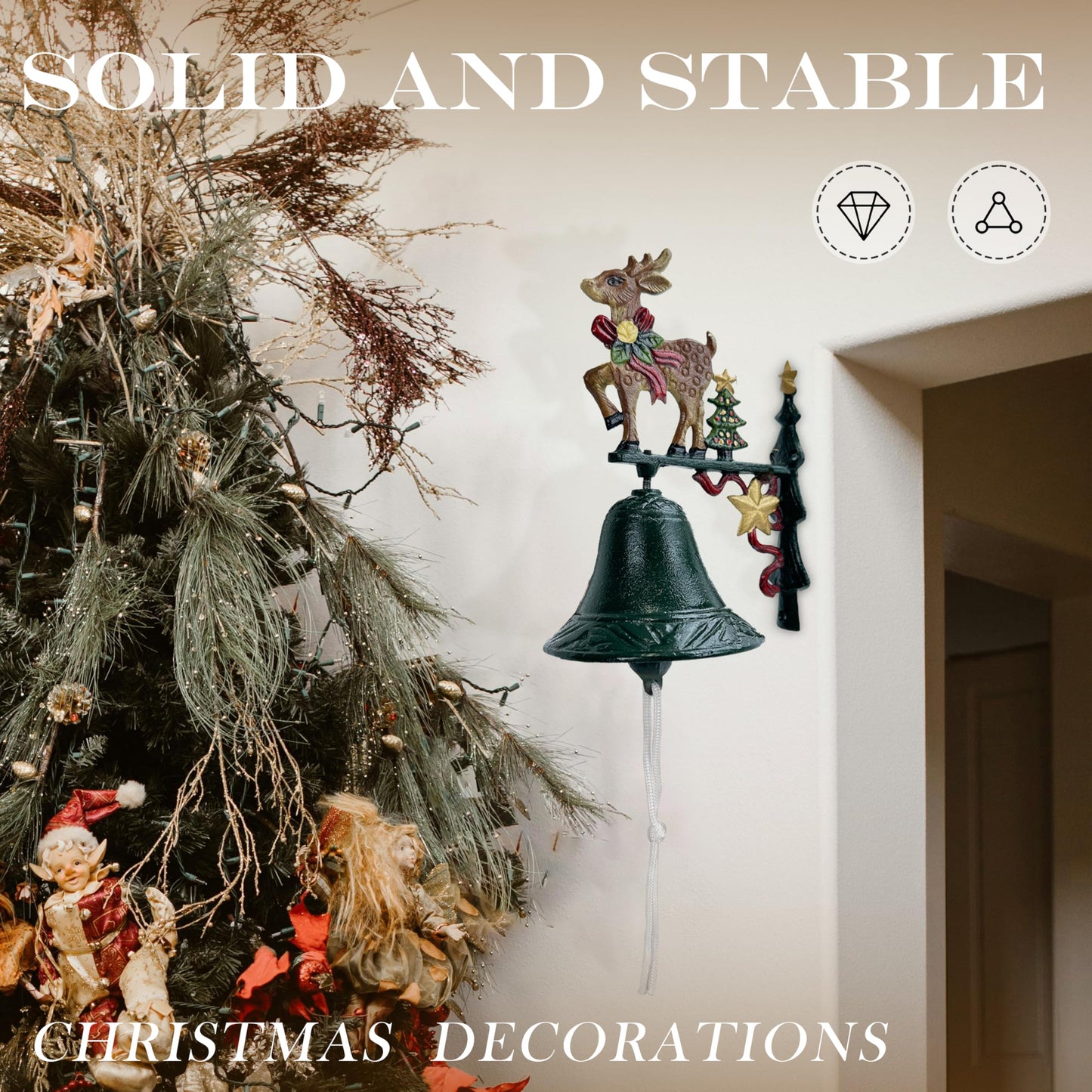 Christmas Bells for Decoration, Linton Arts Cast Iron Dinner Bell Outdoor – Hand-Painted Reindeer Antique Bells, Rustic Christmas Decorations Dinner Bell with Bracket for Porch, Garden, Patio