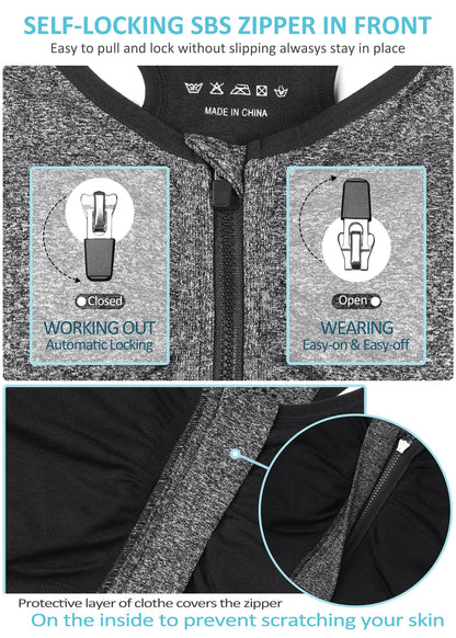 Women's Zip Front Sports Bra - Wireless, Post-Surgery, Padded, Racerback, Workout Gym Yoga Bras - 3 Pack (Large, Black+Grey+Light Blue)