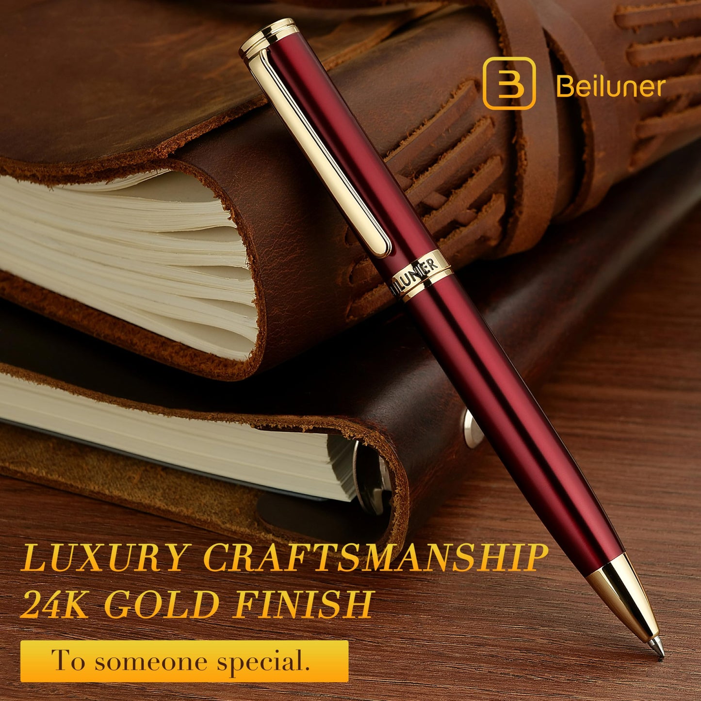 BEILUNER Red Lacquer Gel Pen With 24K Gold Finish, Retractable Pens, Gift Pen Set, Professional, Elegant, Writing, Executive, Office, Nice Fancy Designer, Perfect for Men and Women