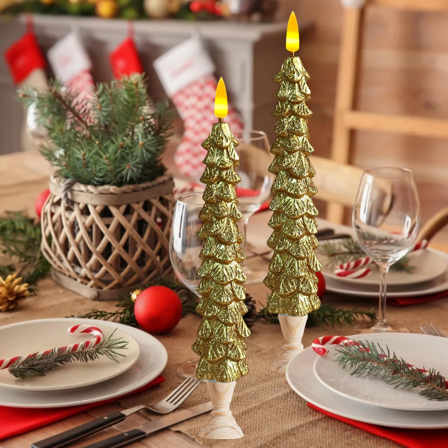 XINAOBAOLUO 10 in Gold Christmas Tree Flameless Candle Window Candles with Remote Timer Battery Operated Taper Candle LED Taper Candles Set of 2