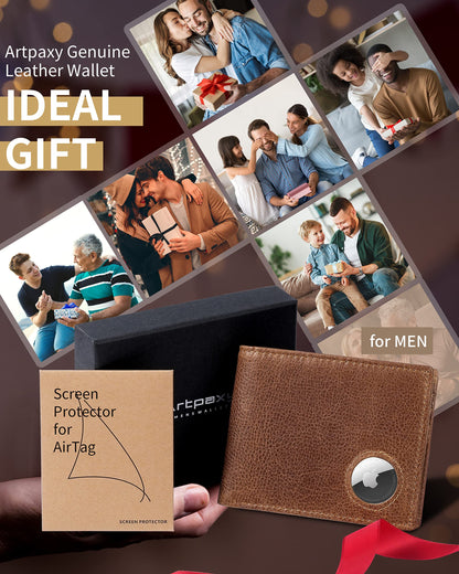 Mens Wallet With AirTag Holder, Bifold Leather RFID Blocking 1 ID Windows 13 Card Holders, Gift Box and Screen Protector Included, AirTag Not Included