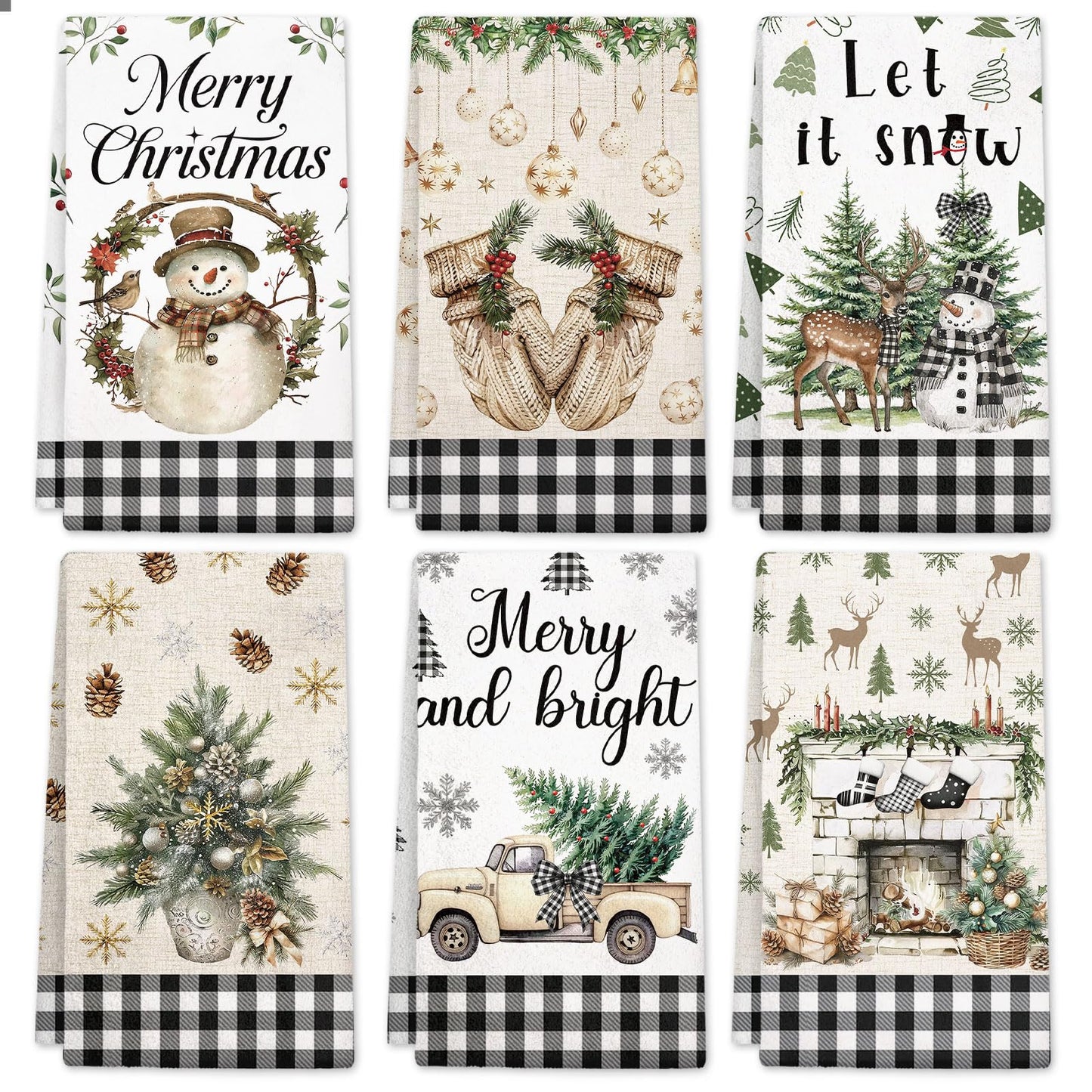 HEIFAM Green Xmas Christmas Kitchen Towels 6 Pcs, Christmas Hand Towel for Bathroom, Holiday Kitchen Towel, Snowman Tea Dish Towels, Snowflake Gloves Decor Gray Strips, Housewarming Gift, 17 X 26in