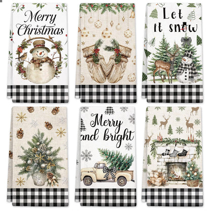HEIFAM Green Xmas Christmas Kitchen Towels 6 Pcs, Christmas Hand Towel for Bathroom, Holiday Kitchen Towel, Snowman Tea Dish Towels, Snowflake Gloves Decor Gray Strips, Housewarming Gift, 17 X 26in