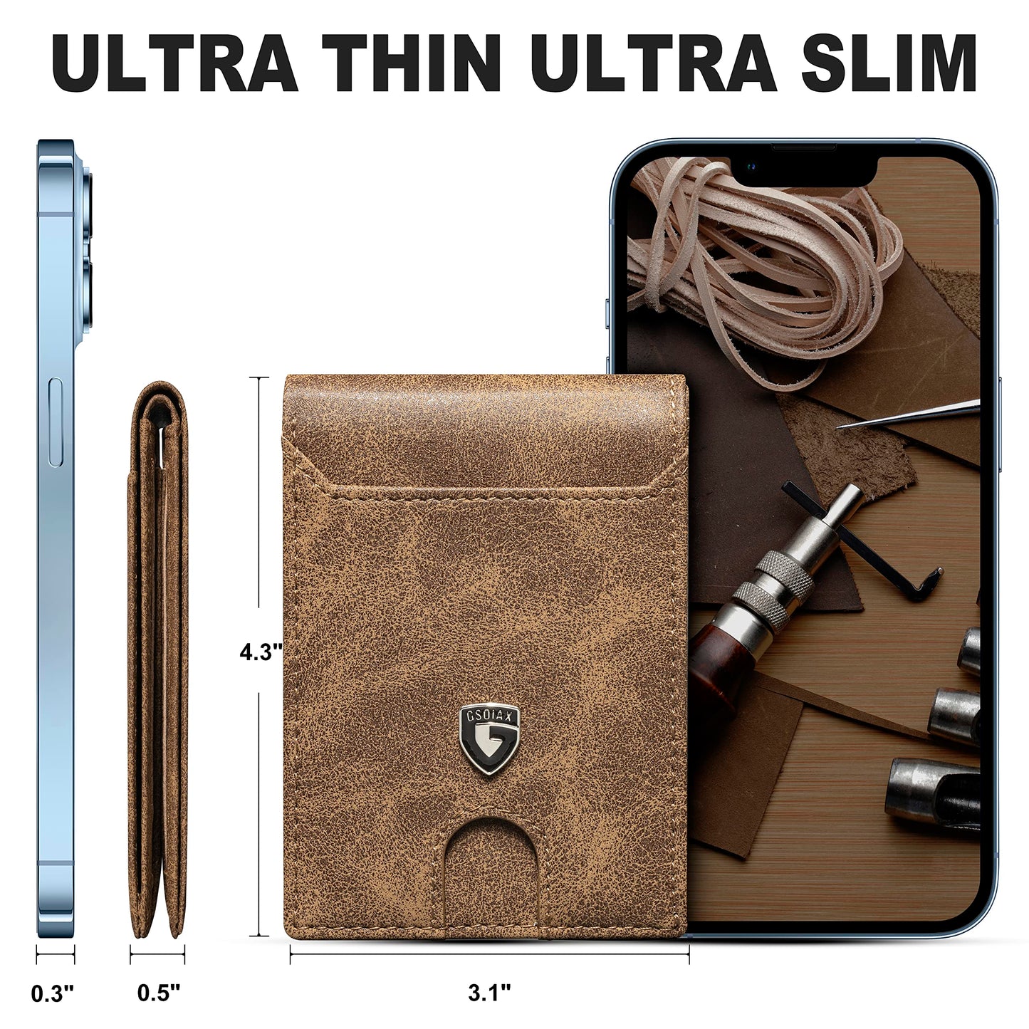 GSOIAX Slim Wallet for Men,RFID Blocking Bifold Wallet Carbon Fiber Front Pocket Wallet with 11 Card Holder Minimalist Mens Wallet with Gift Box (Leather Brown)