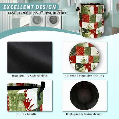 Christmas Laundry Basket Retro Red Green Christmas Tree Print Funny Laundry Hamper Foldable Oxford Cloth Tote Bag Clothe Toy Storage Bucket 18.9"x16.5"For Bathroom/Laundry Storage/Bedroom