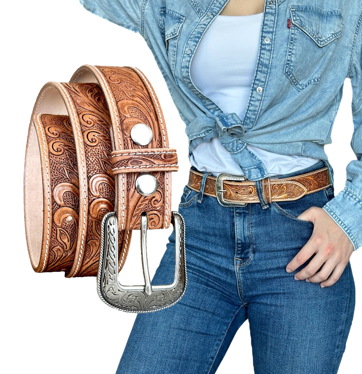 DANIEL'S ARTPLANET Women’s Western Leather Belt Cowgirl Belt For Jeans Pants Dresses Engraved Tooled Ladies Western Belt