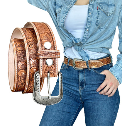 DANIEL'S ARTPLANET Women’s Western Leather Belt Cowgirl Belt For Jeans Pants Dresses Engraved Tooled Ladies Western Belt