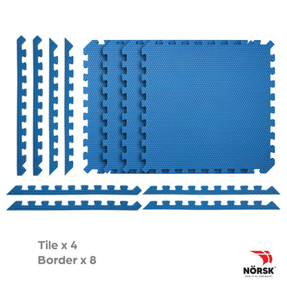 Norsk Reversible Exercise Mats 3/4" Thick EVA Interlocking Foam Tiles, Perfect Home Gym Flooring, 4 Tiles & 8 Trim Pieces, 16 Sq. Ft. 24"x24" Dazzling Blue/Black