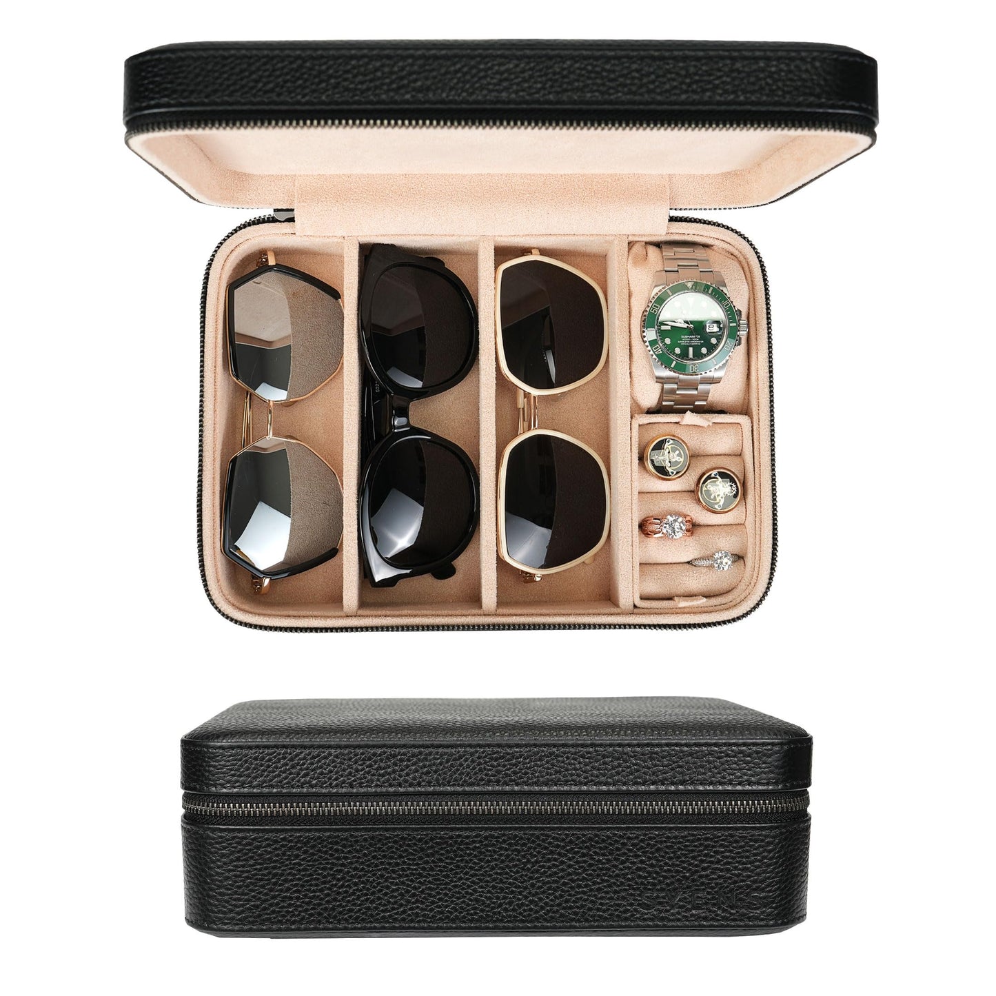 SYENS 4 Slot Sunglasses Travel Case, Real Leather Eyeglasses Storage Box, DIY Organizer Glasses/Jewelry/Watch Display Case for Women Men (4 slot_Black Leather)