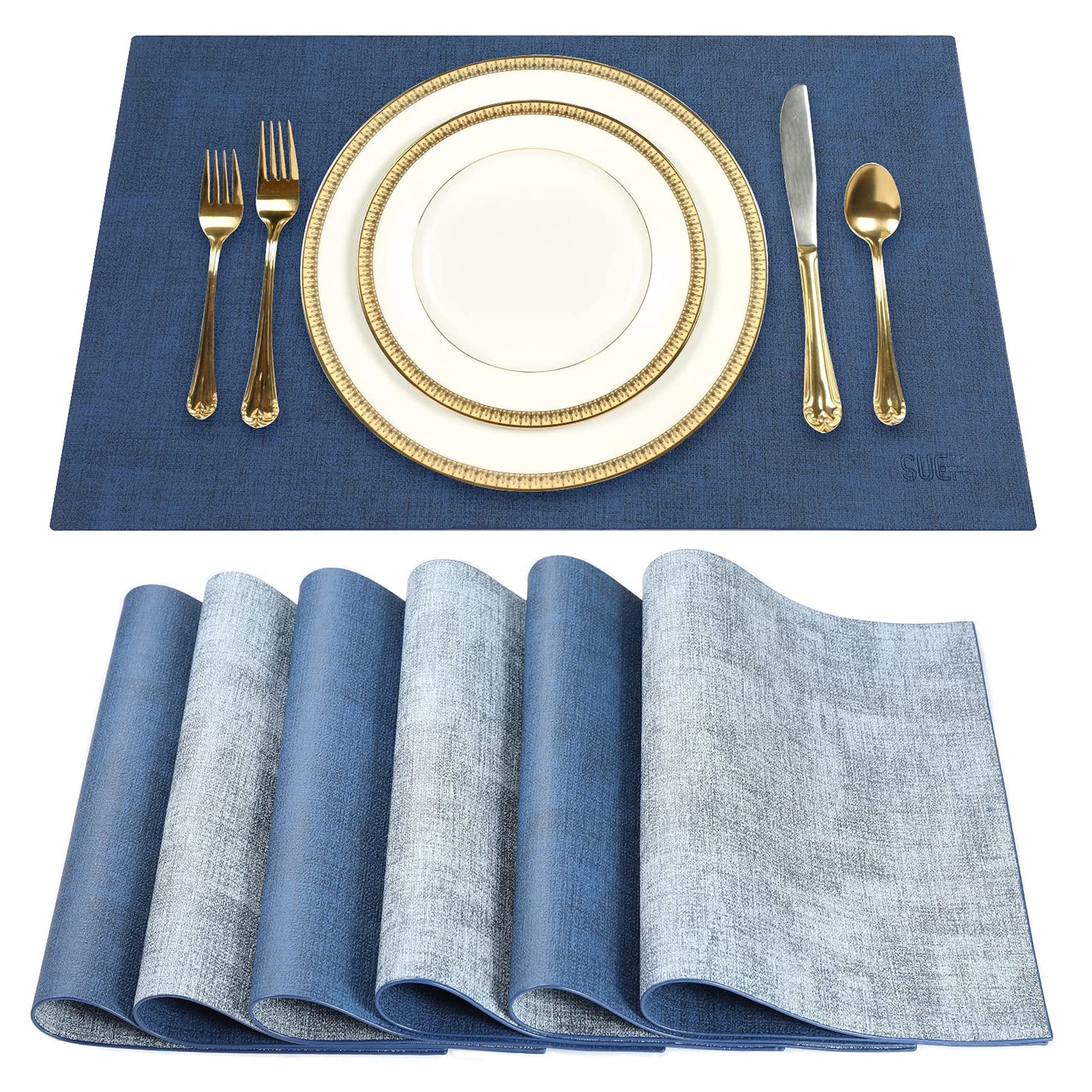 SUEH DESIGN Leather Placemats Set of 6 Reversible Table Mats Heat Resistant Waterproof No-Slip Place Mats for Dining Table Kitchen Parties