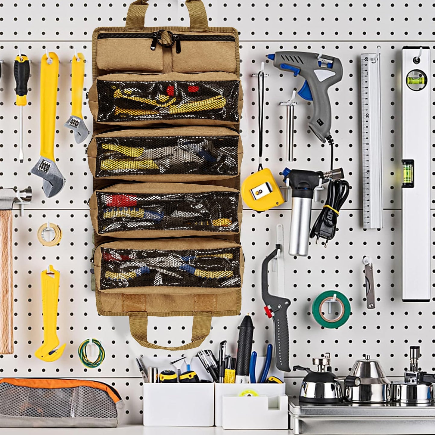 Tool Bag,Gifts for Men,Roll Up Tool Bag, Rollable Carrying Toolbag,Heavy Duty Tool Organizer, Foldable Empty Rollup Organizer with 2 Small Pouches (Khaki)