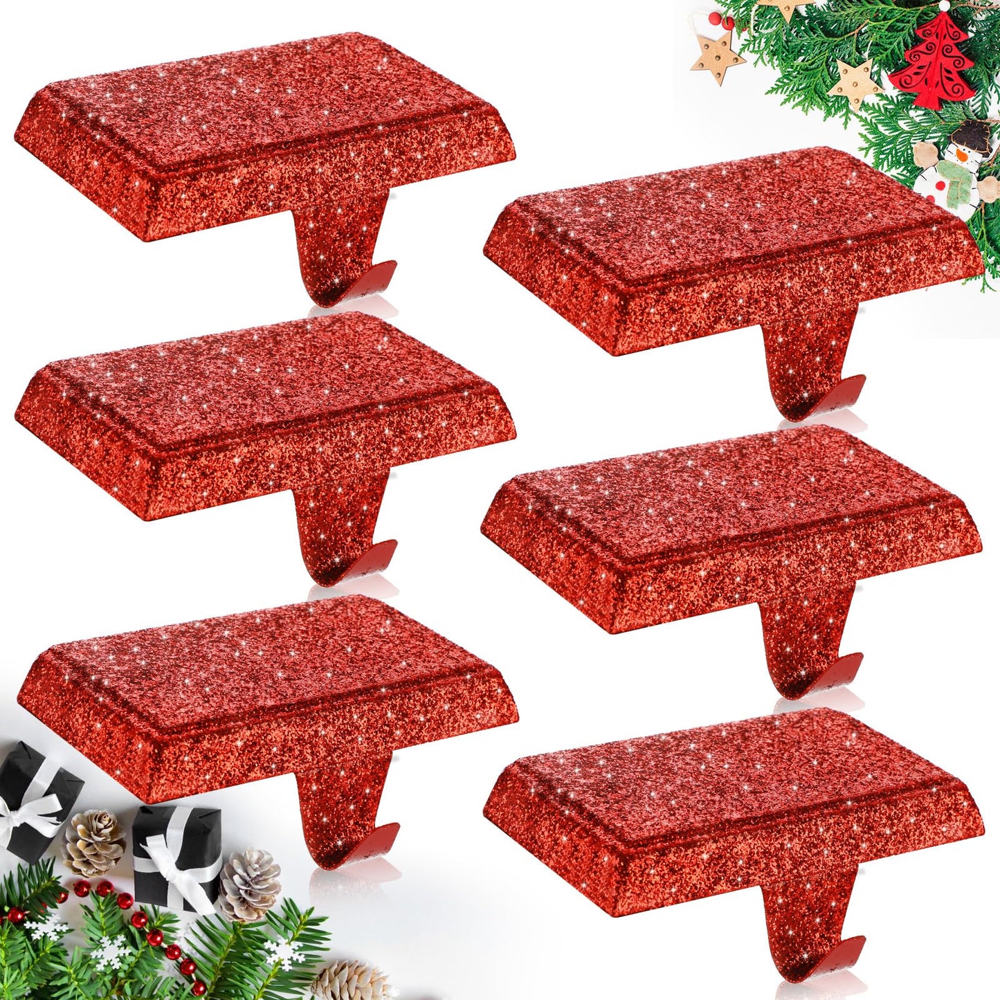 Huwena Metal Christmas Stocking Holders Shiny Mantel Heavy Duty Stocking Hooks Glitter Hanging Hangers Christmas Ornaments for Fireplace Window Mantle Table Decoration(Stylish,Red,4 Pcs)