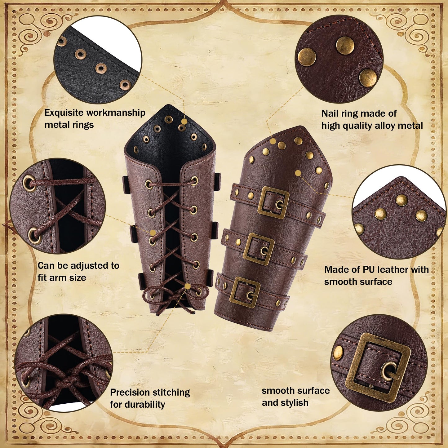 Leadinor 5 Pcs Renaissance Accessories, Medieval Viking Belt Pouch Leather Bracers Sword Frog for Halloween Costume (Brown)