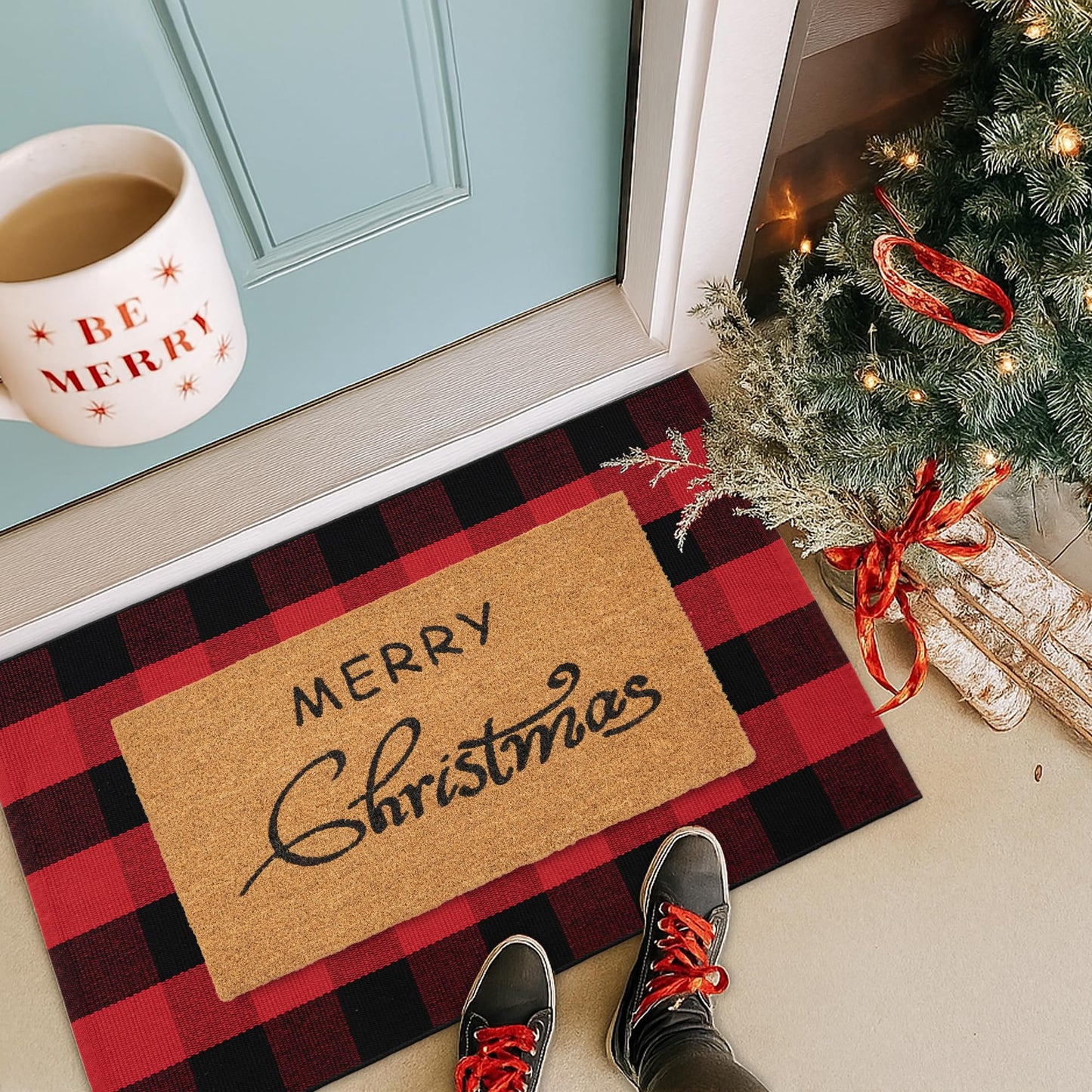 Christmas Door Mat Combo Set - 100% Coco Coir Welcome Mat + 3' x 5' Red and Black Plaid Rug, Christmas New Year Holiday Collection Doormat for Front Porch Entryway Decorative
