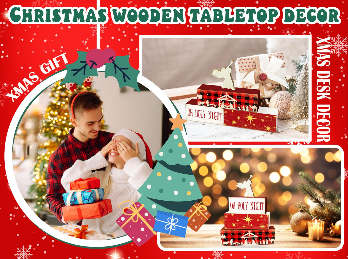 4 Pcs Angel Christmas Decor, Holy Night Table Decorations, Nativity Scene Christmas Tiered Tray Desk Decor Gifts, Wooden Christian Stack Block Signs Table Centerpiece For Farmhouse Office -A02