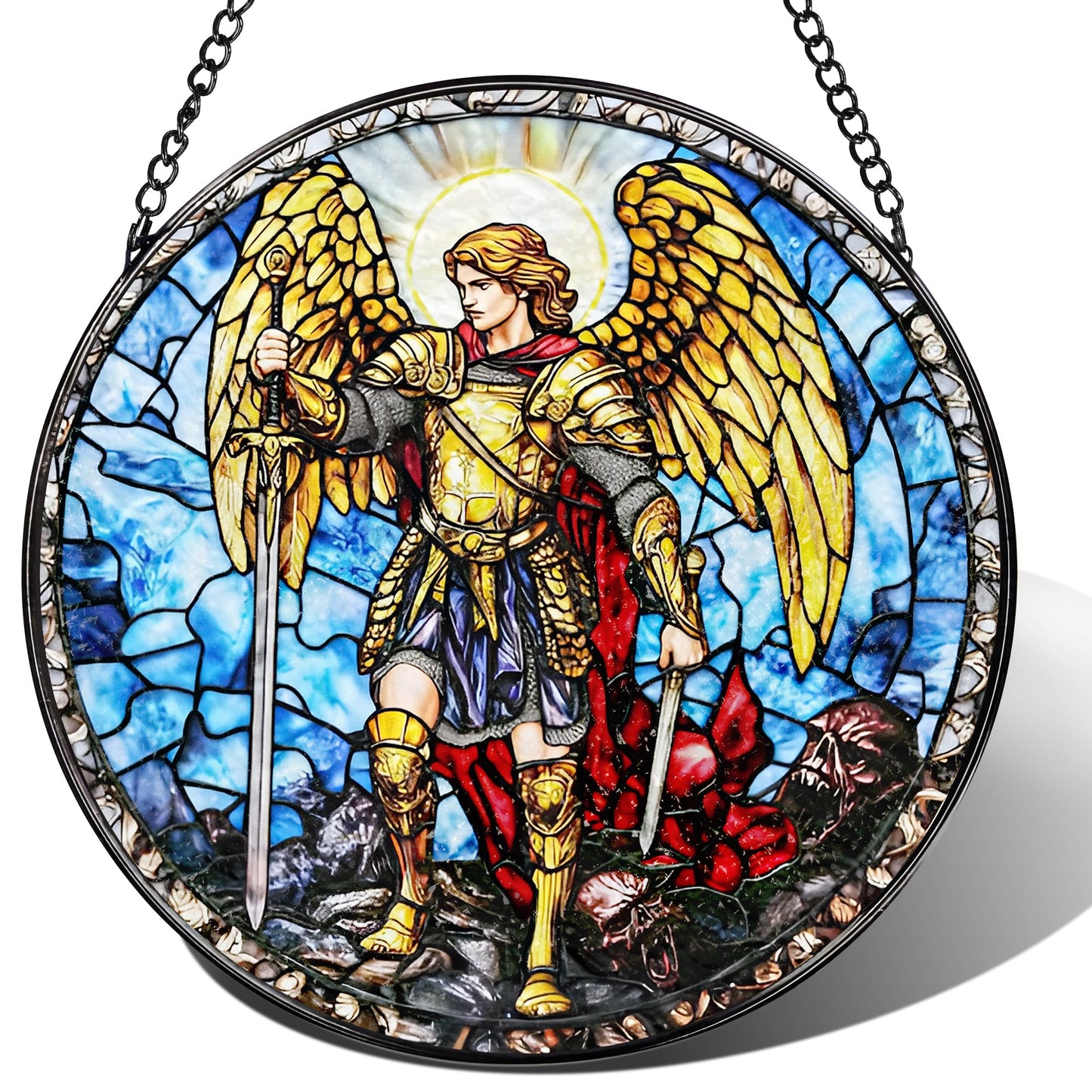 Stained Glass Suncatcher, Archangel Michael Sun Catcher Ornament; Stained Glass Window Hanging, Warrior Angel Window Decor; Christmas Home Decor, Christian Gifts, Religious Gifts
