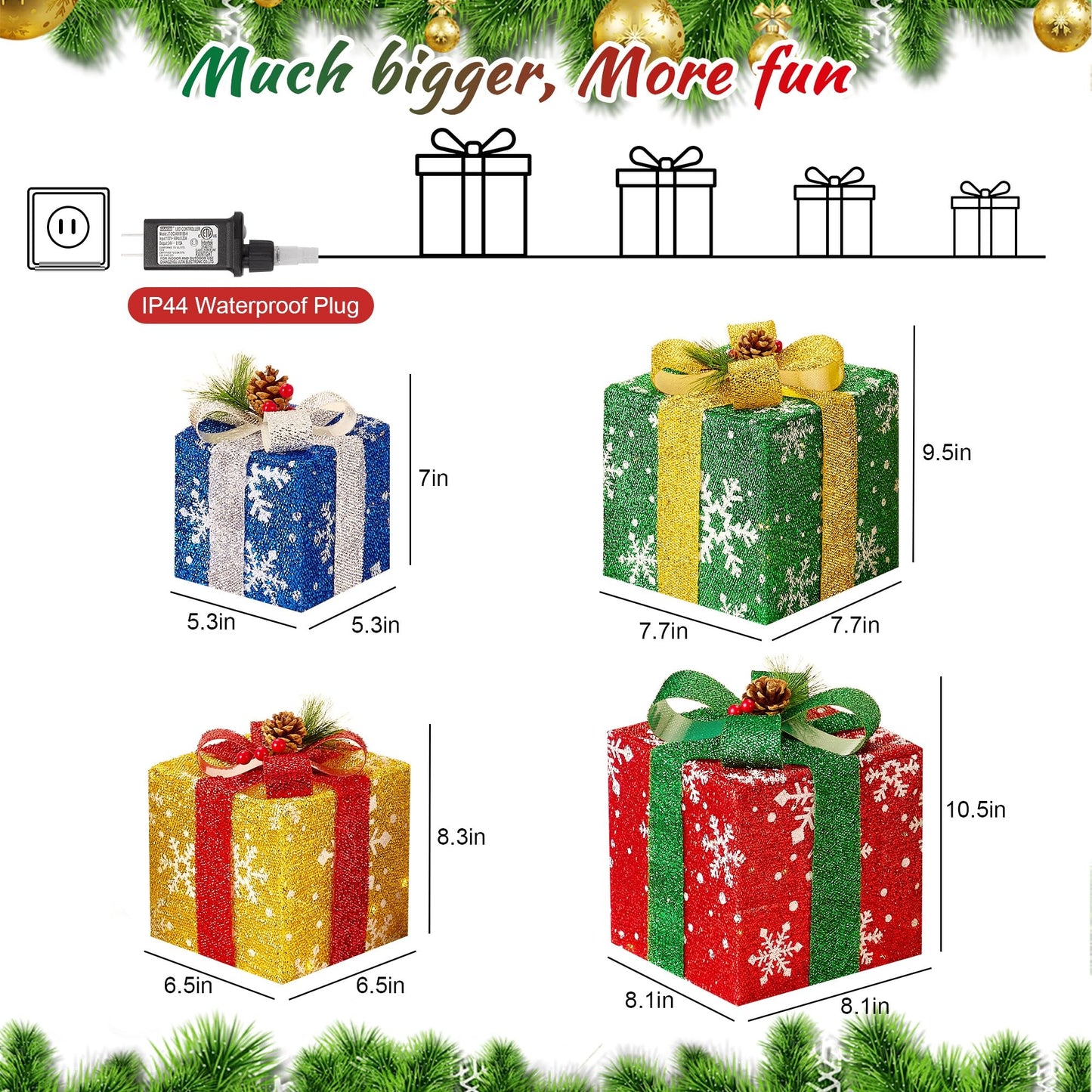 Set of 4 Christmas Lighted Gift Boxes with Plug, Pre-lit LED Light Up Present Boxes for Xmas Tree Porch Decor, Christmas Decorations Indoor Outdoor
