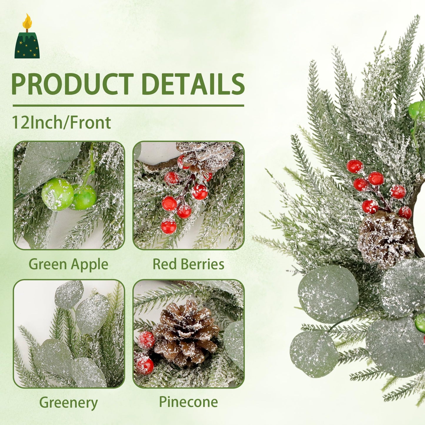 Christmas Candle Rings Wreaths,Snowy Norfolk Pine Garland Red Green Berry Eucalyptus Leaves Pinecones Wreaths,Pillar Candle Rings for Home Christmas Table Centerpiece Decorations