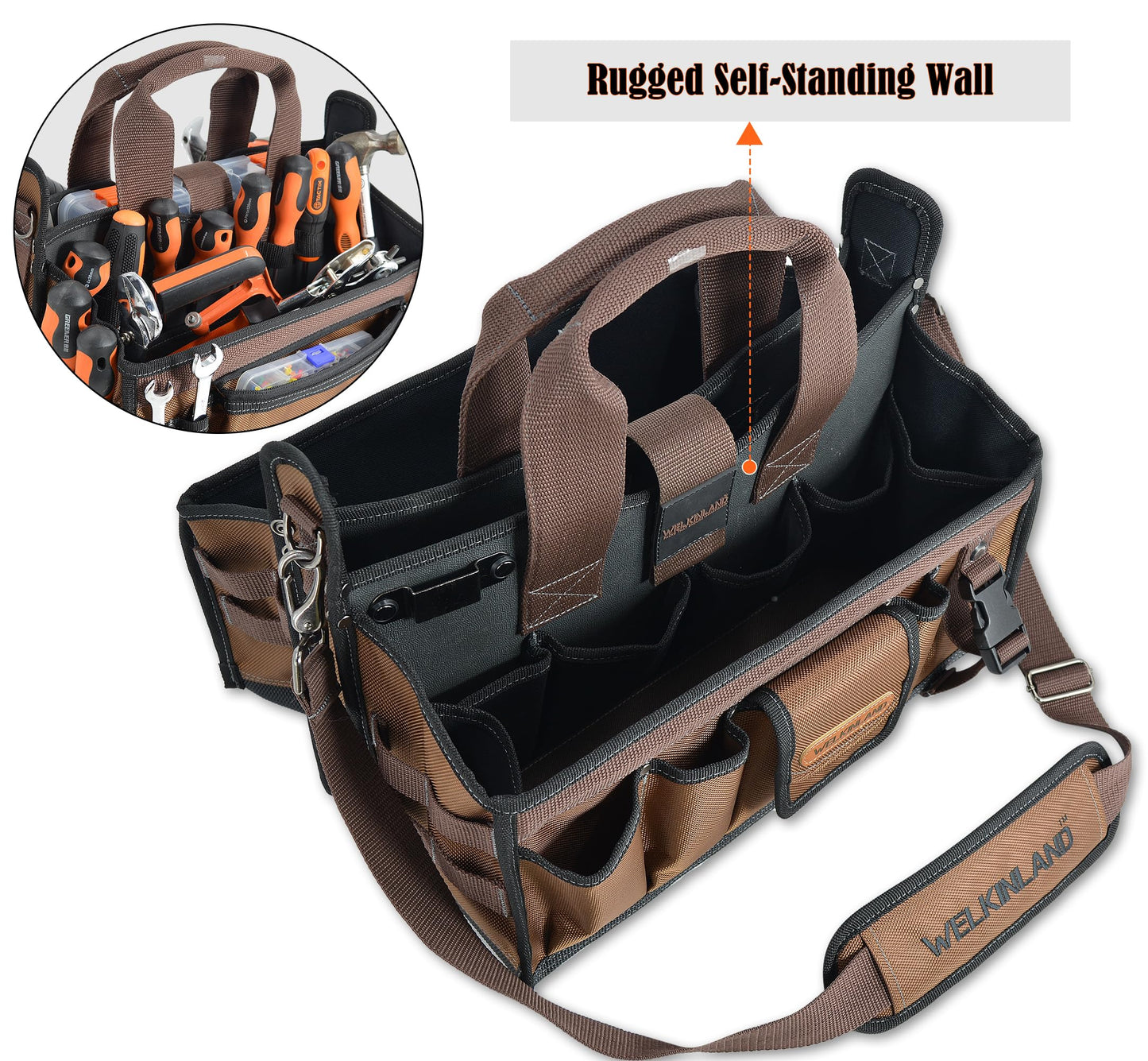 WELKINLAND 20-Pockets Tool Tote Bag, 16" Electrician Tool Bag, Open-Top Tool Bag, Stay-Up HVAC Tools Bag, Brown Tech Tools Bags, HVAC Bag, Tool Tote Bag With Handle