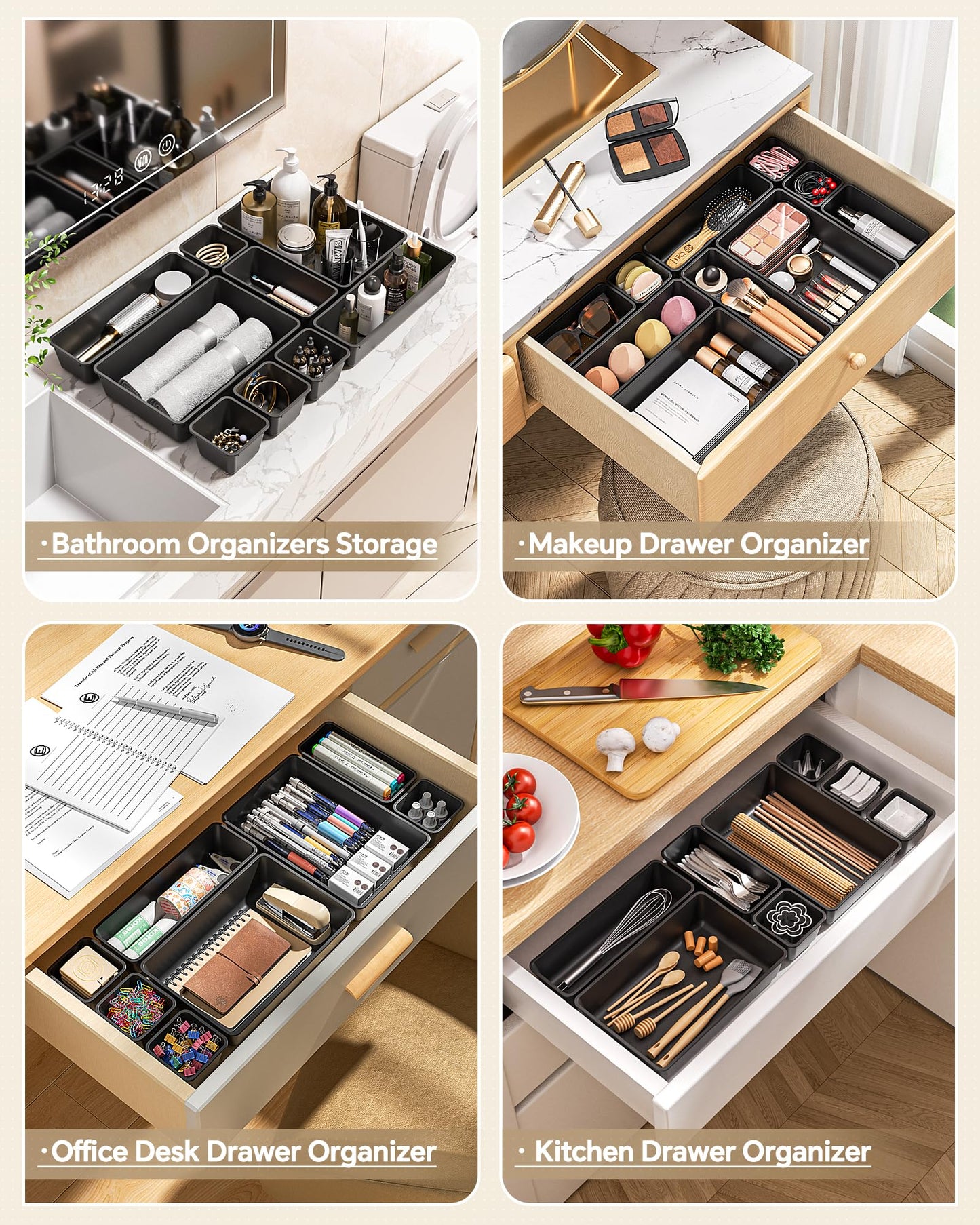 KEMETHY 25 PCS Plastic Drawer Organizers Set, 4 Sizes Vanity Organizer, Makeup and Desk Drawer Organizer Trays, Organization and Storage for Makeup, Bathroom, Kitchen Utensils and Office (Black)