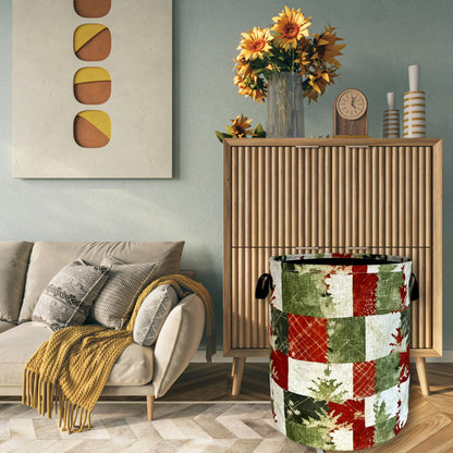Christmas Laundry Basket Retro Red Green Christmas Tree Print Funny Laundry Hamper Foldable Oxford Cloth Tote Bag Clothe Toy Storage Bucket 18.9"x16.5"For Bathroom/Laundry Storage/Bedroom