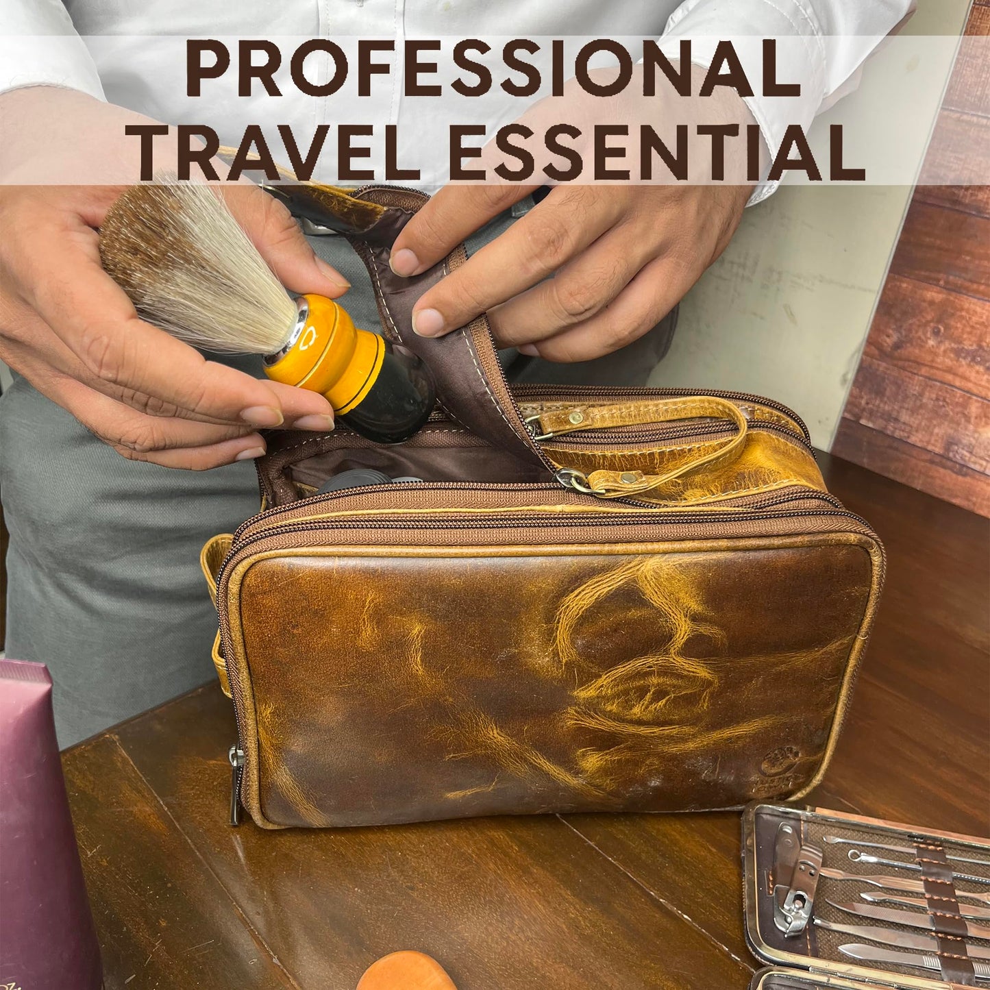 RUSTIC TOWN Leather Toiletry Bag - Men Shaving Ditty Kit - Women Cosmetic Bag Makeup Organizer for Travel Size Toiletries