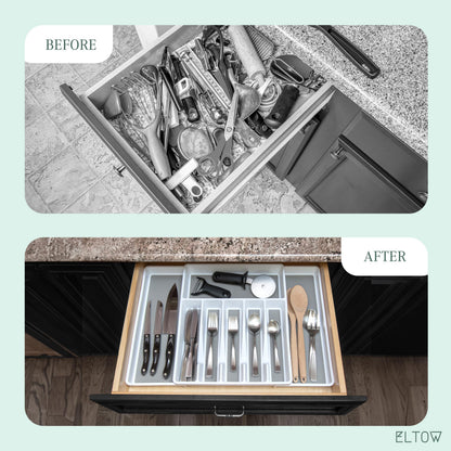 ELTOW Large Expandable Silverware Drawer Organizer, 8 Compartment Non-Slip & Adjustable Silverware Organizer for Drawer, Kitchen Organization for Utensils, Cutlery, Silverware Tray (Black)