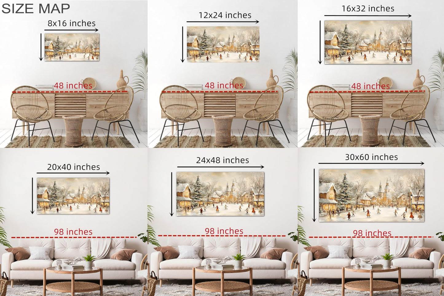 GUTTATY Christmas Village Santa Canvas Wall Art, Winter Snow Scene Canvas Wall Decor, Festive Christmas Poster, Warm White Hanging Painting Prints for Living Room, Hallway, 32x16 Inch
