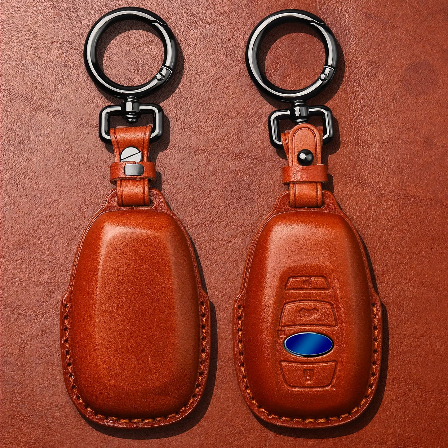 Tukellen Compatible with Subaru Leather Key Fob Cover with Keychain Fit For WRX Outback Ascent Forester Crosstrek Legacy Impreza Smart Remote, Genuine Leather Case-Brown