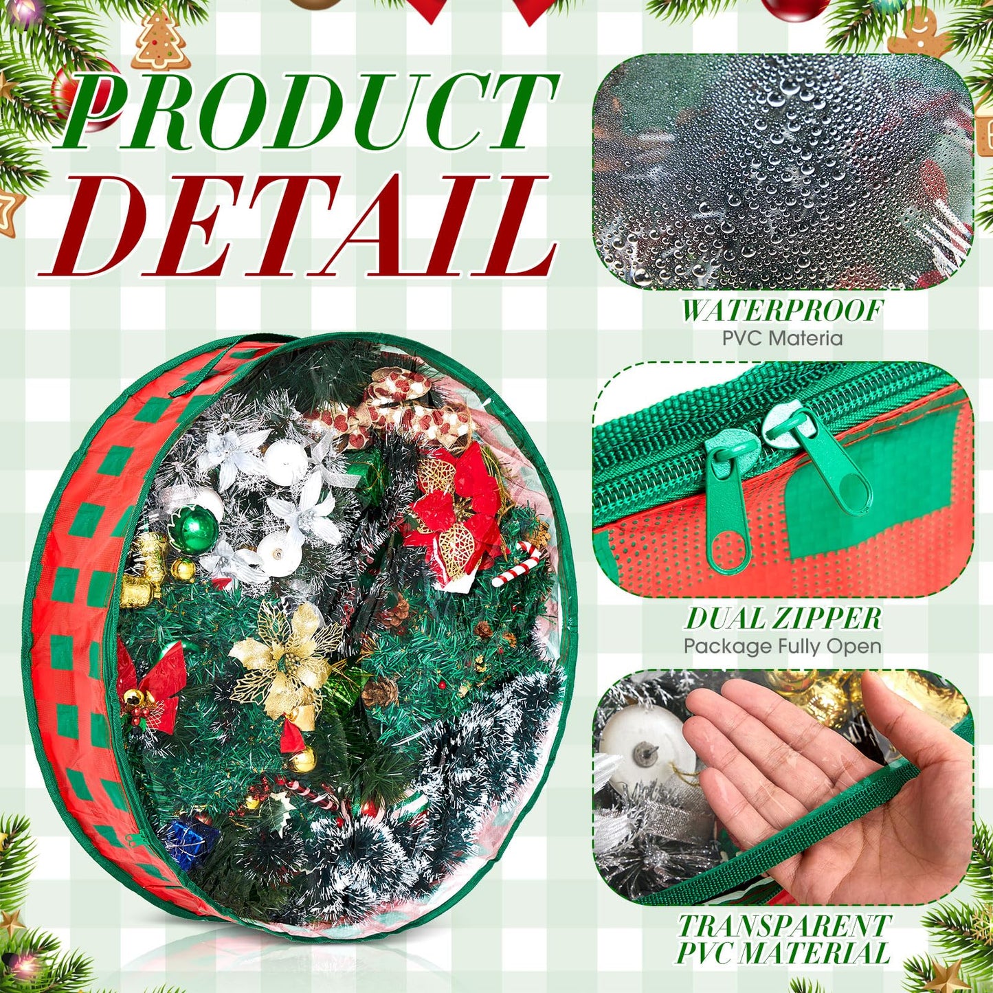 Aliceset 4 Pack Wreath Storage Containers, Ornament Garland Wreath Storage Bags with Handle Zipper Decorative Storages Box for Christmas in July Wreaths(24 x 24 x 7.8 Inch,Red Green Plaid)