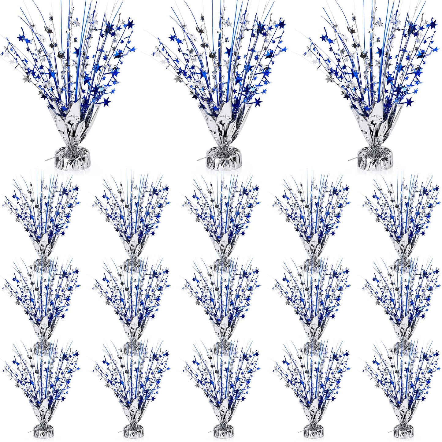 SiliFine 18 Pack Metallic Foil Spray Centerpiece Blue Silver Star Table Decoration Burst Glitter Table Topper Decor for Birthday Wedding Graduation Back to School Shower Party Supplies Decor