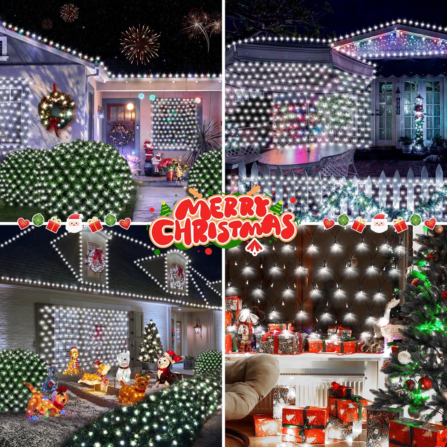 Hezbjiti Christmas Net Lights Outdoor 200 LED 6.9FT x 5.4FT Green Wire with 8 Modes, Connectable Plug in Waterproof, Timer Memory Function for Xmas Tree Bush Porch Lawn Windows Decor（2 Pcs Cold White