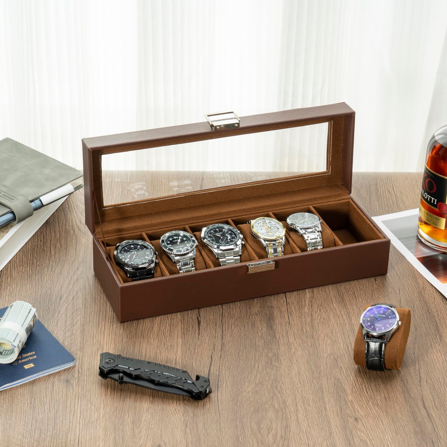 ProCase Watch Box, Fathers Day Gift for Dad, 6 Slot Mens Watch Case, Watch Storage Holder Organizer, Watch Display Case with Glass Lid, Anniversary Birthday Gifts -6 Slot, Espresso