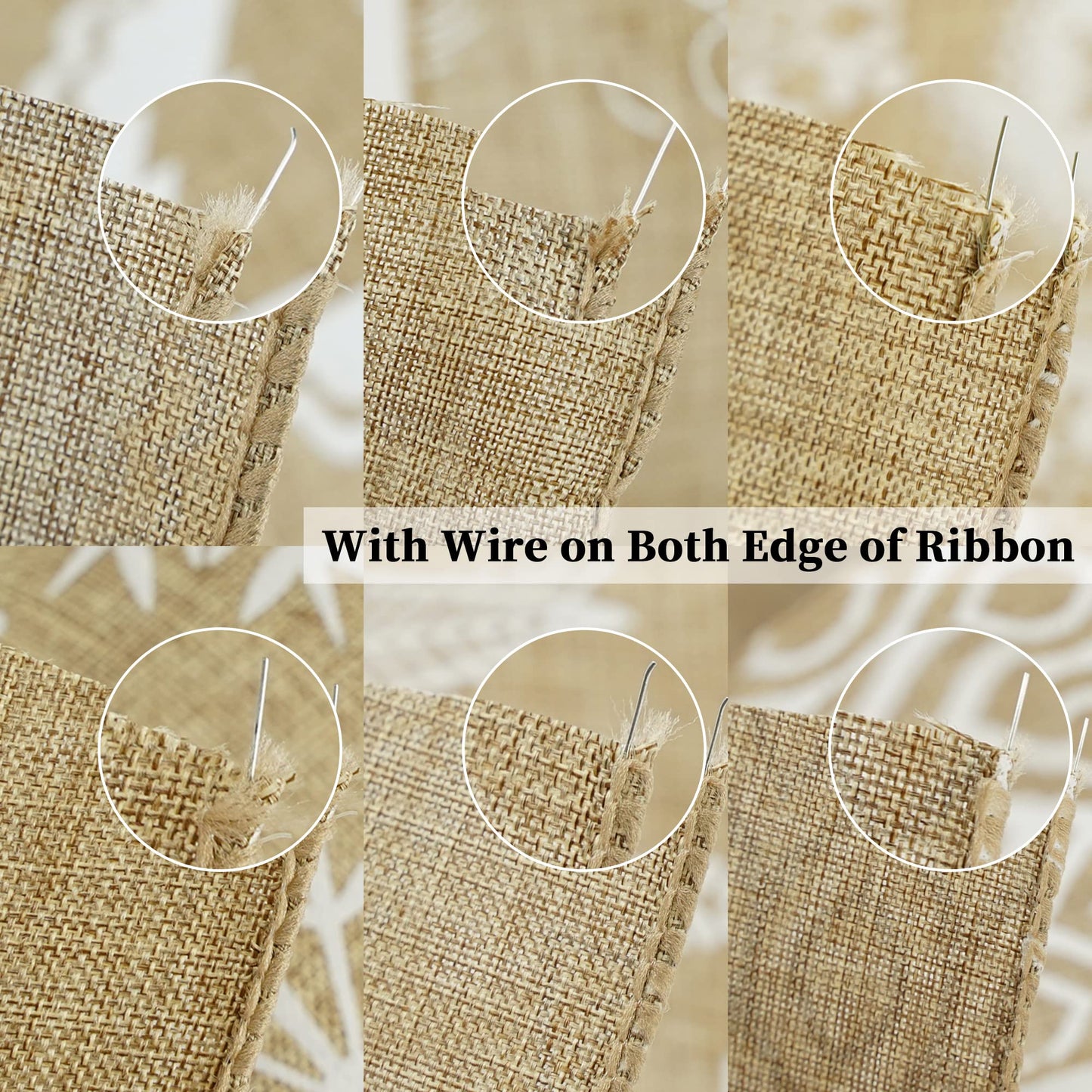 MEEDEE Burlap & White Print Ribbon - Wired Burlap Ribbon, 2.5 Inch, 6 Rolls, 36 Yards - Christmas Tree & Wreath Decorations
