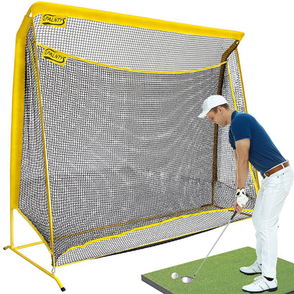 Golf Hitting Net with Extra Striking Net, 10x7ft Heavy Duty Golf Practice Net for Golfer Backyard Driving Swing, Golf Impact Net Cage Metal Frame with Storage Bag and Elevated Base, Indoor Outdoor Use