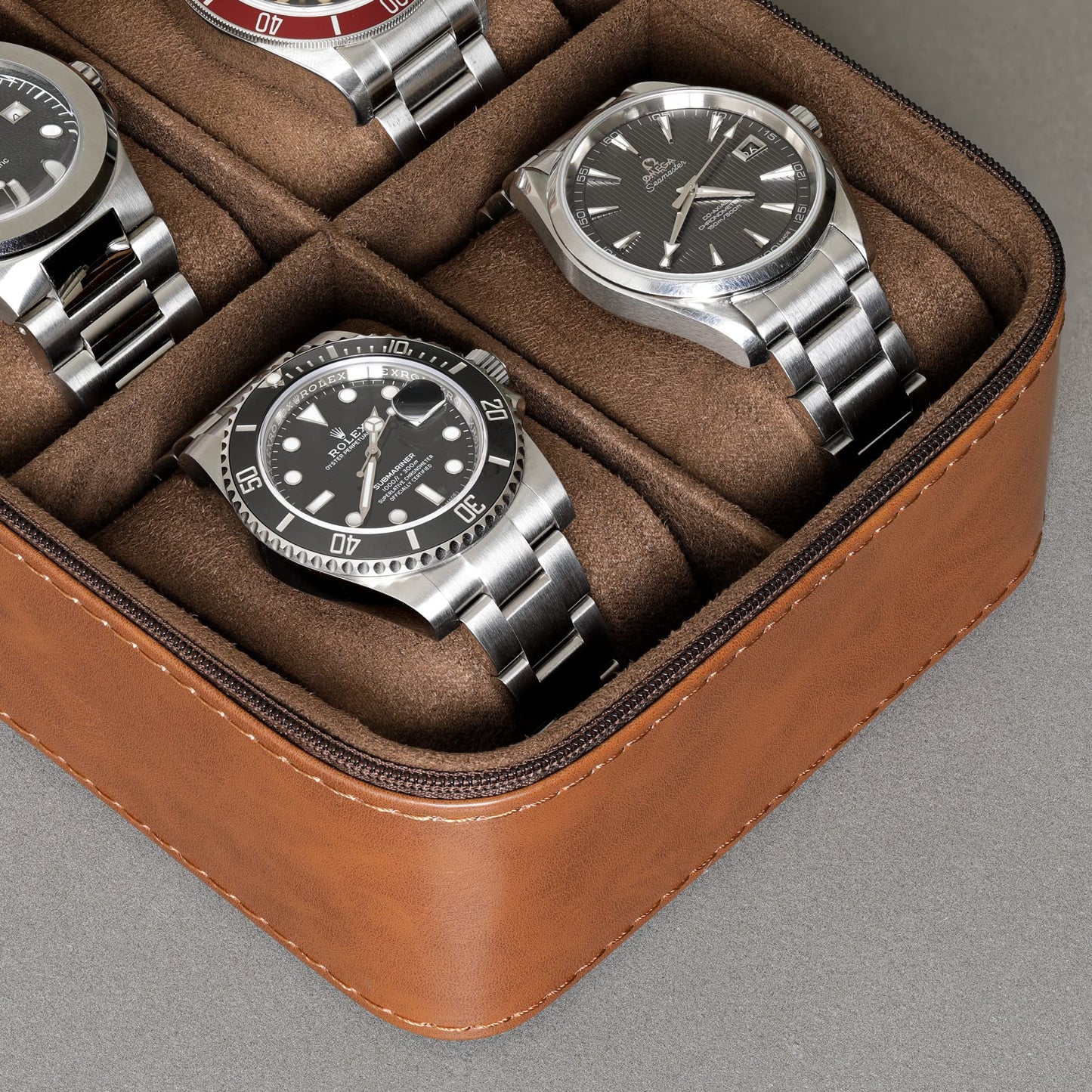 ROTHWELL 5 Watch Travel Case Storage Organizer for 5 Watches | Tough Portable Protection w/Zipper Fits All Wristwatches & Smart Watches Up to 50mm (Tan/Brown)