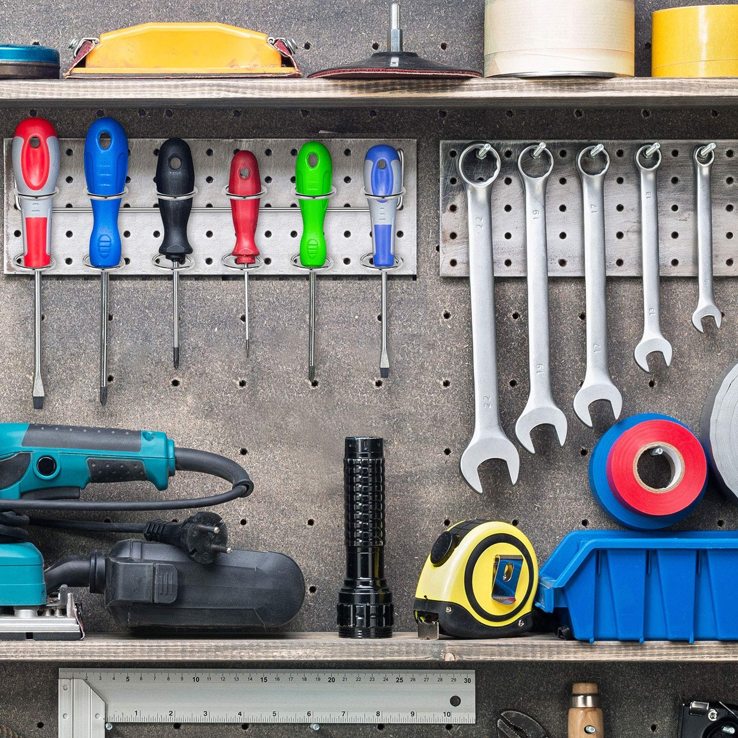 Ripeng Pegboard Screwdriver Holders Peg Board Organizer Accessories Multi Ring Tool Holders Six Tool Multi Tool Organizer Racks for Pegboard, Pliers(Silver, 4 Pieces)