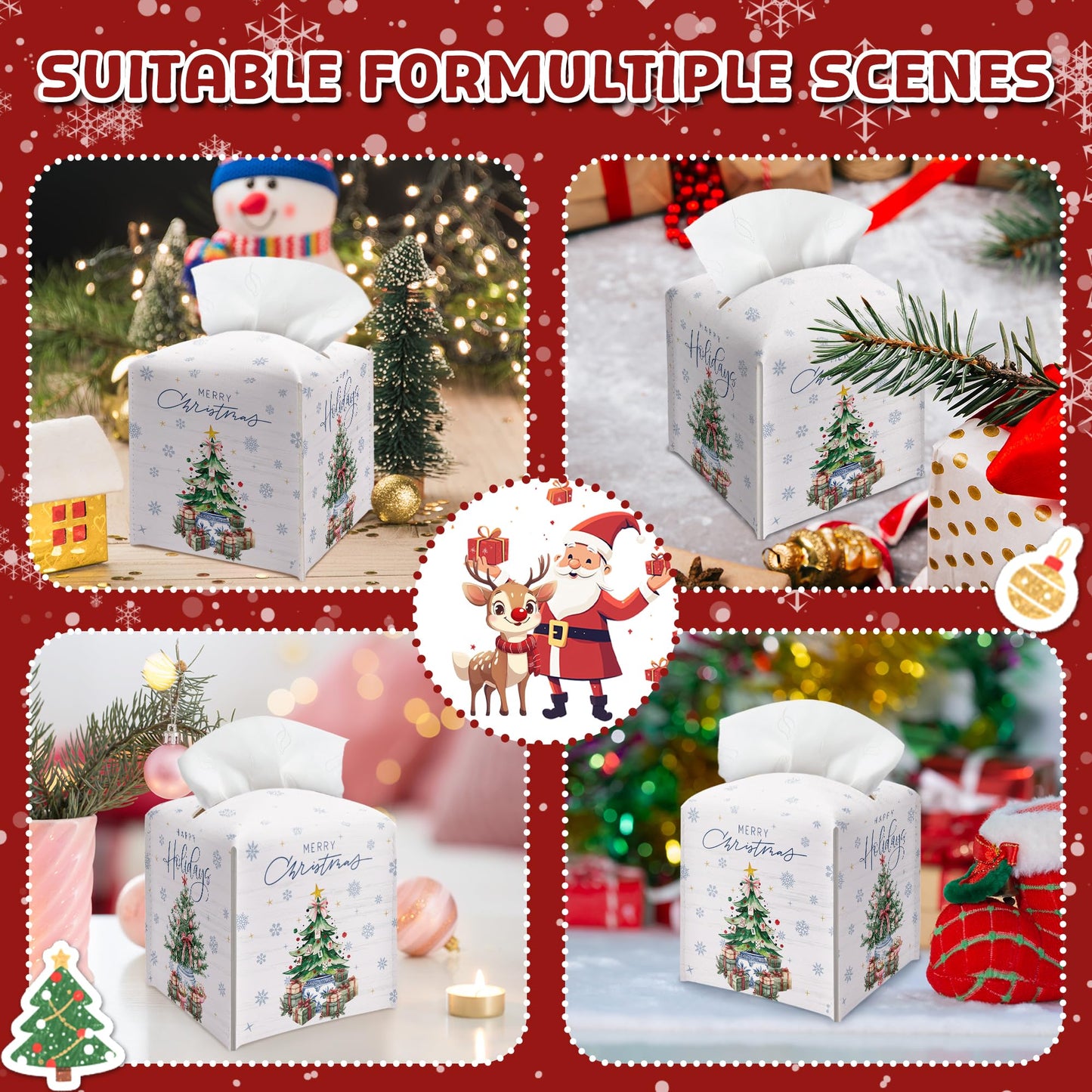 Christmas Tissue Box Cover Square, Snowflake Christmas Tree Decorative Tissue Box Holder, Waterproof Leather Tissues Boxes Dispenser for Bathroom, Office, Car, Bedroom Nightstand, Home Decor